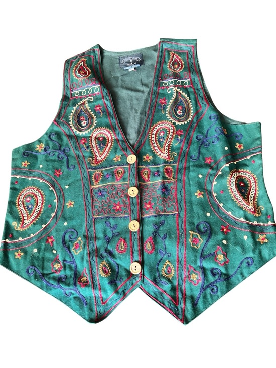 Solutions Jackets & Blazers - Vintage 90s Embroidered Green Paisley Women's Vest - Bohemian Button-Front
